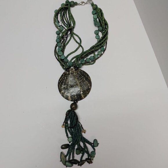3/$30 Boho 70s Large Seashell Pendant Teal Wooden Bead Layered Necklacr Retro - Picture 6 of 10